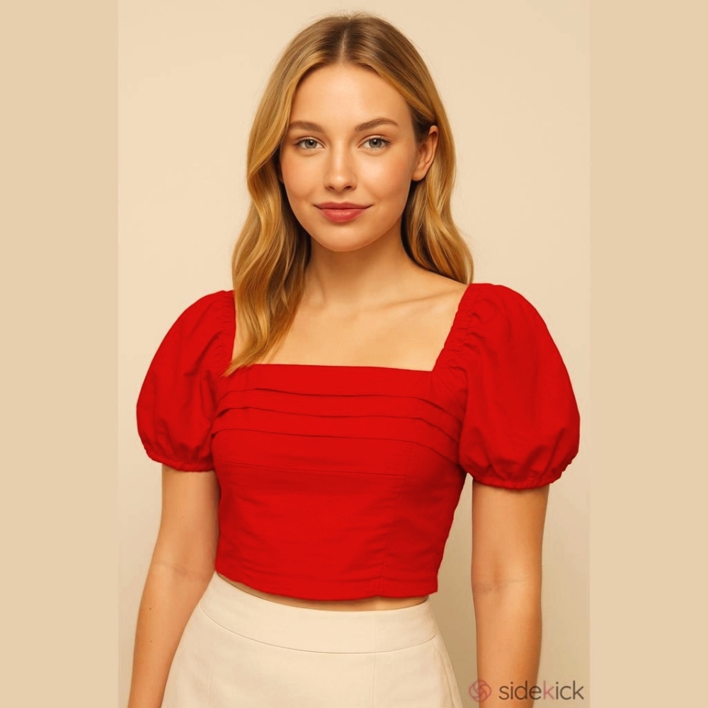 Sim & Sam Pink Flame Crop Top Poof Sleeve‎ Tiered Front Ruched Back Size Small